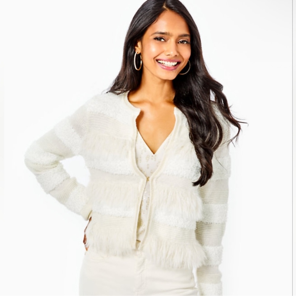 Lilly Pulitzer Pelham Cardigan Sweater Coconut Ivory & Gold Wool Blend‎ Size XXS